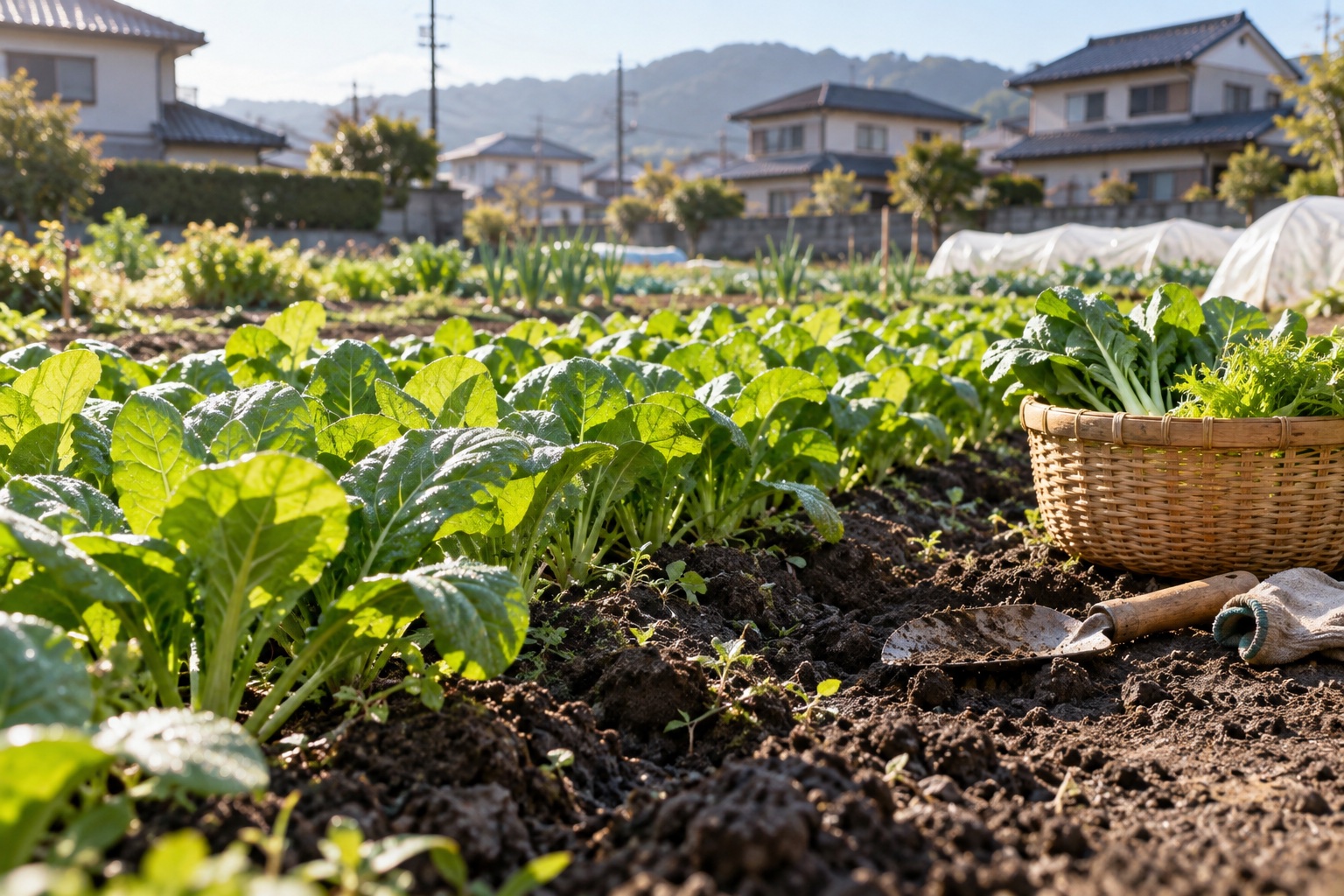 日本の畑に育つ野菜と農具のイメージ