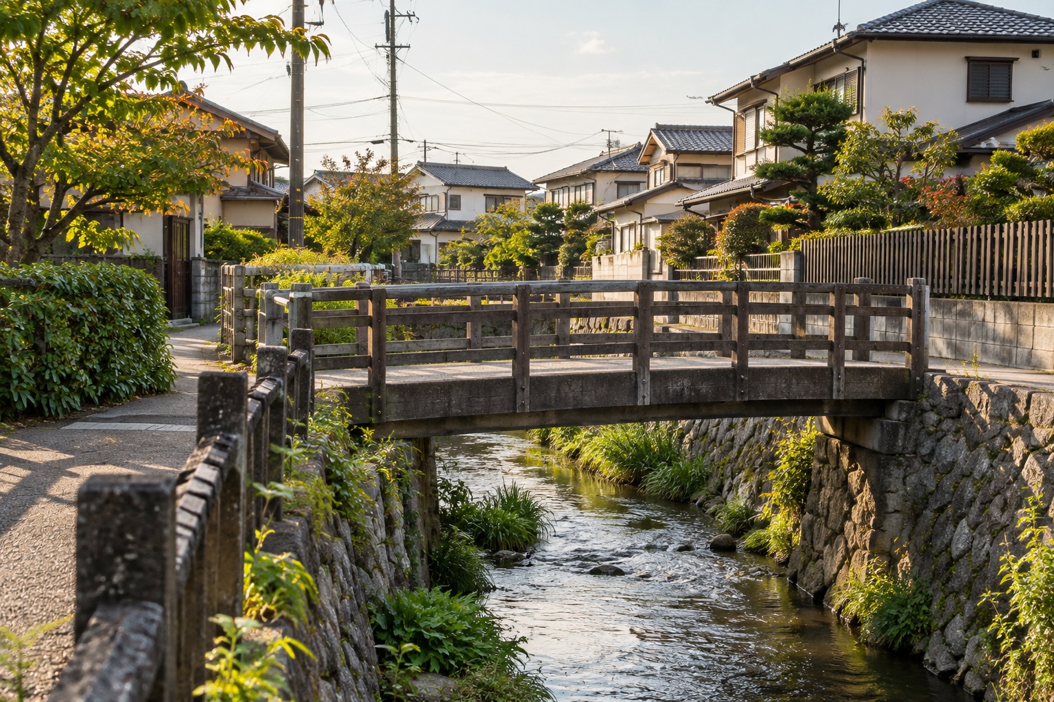 日本の住宅街をつなぐ小さな橋のイメージ