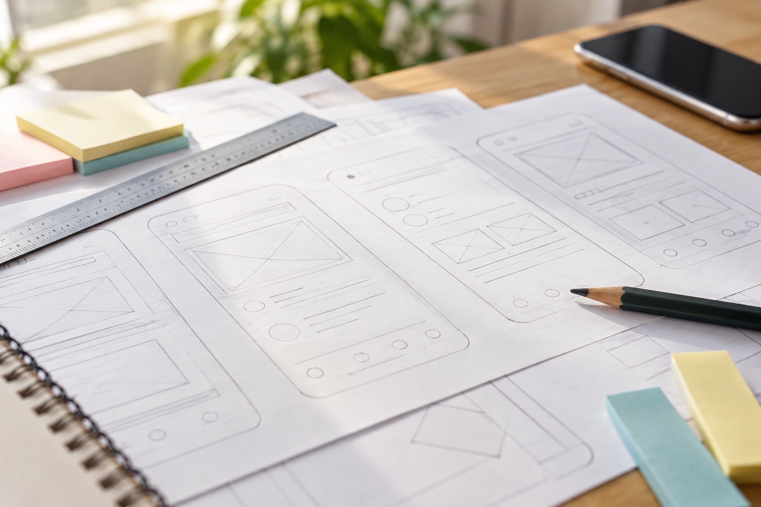 紙に描いたアプリ画面の設計案のイメージ