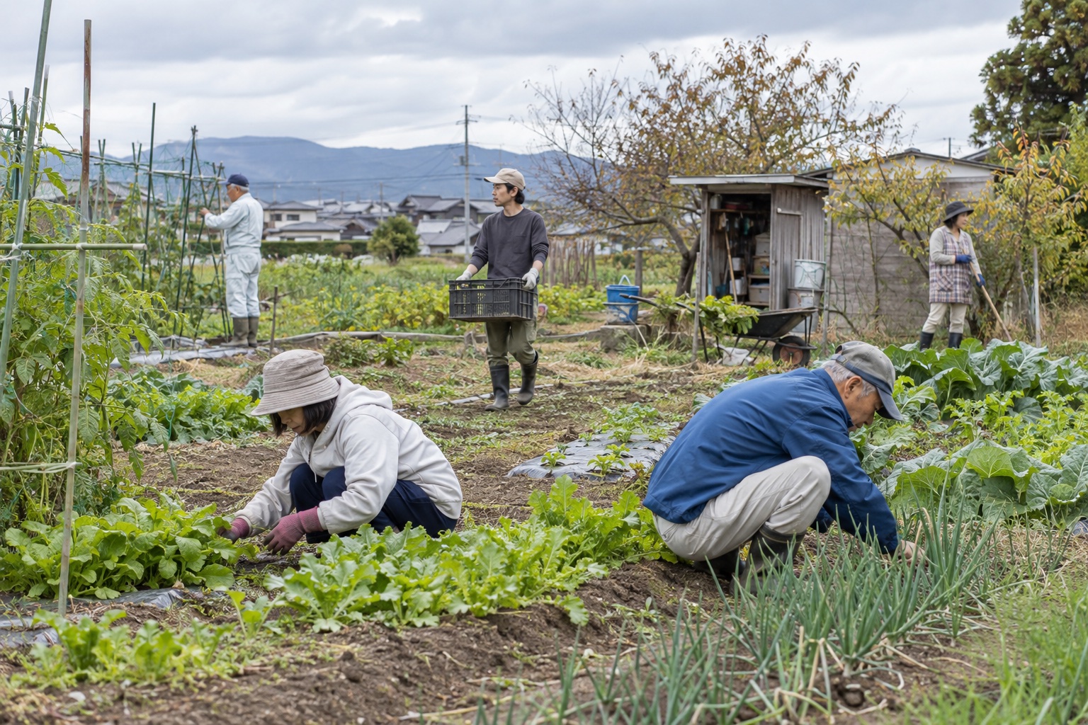 日本の畑でそれぞれの作業に取り組む五人のイメージ