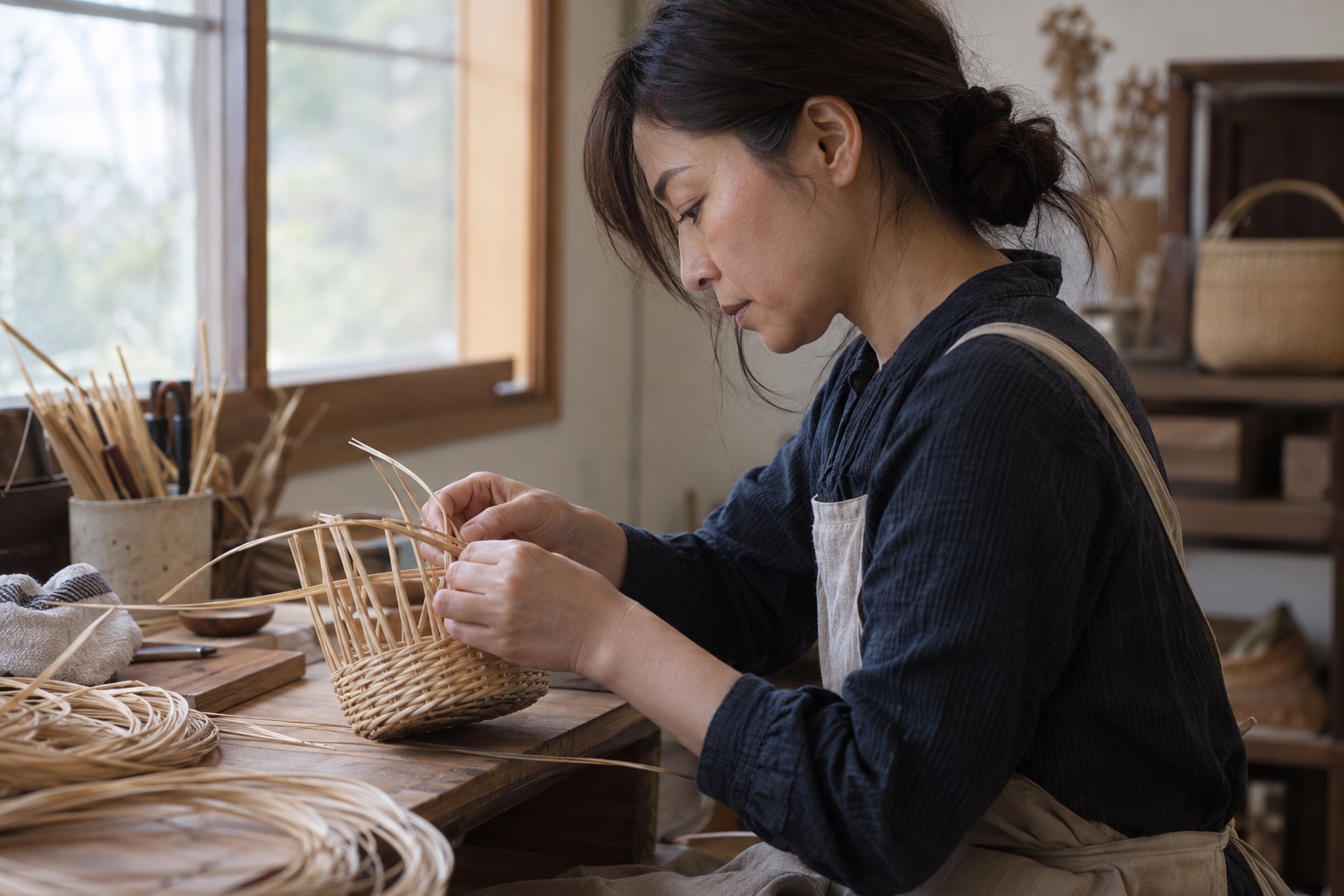 一人でかご編みに取り組む日本人の女性のイメージ
