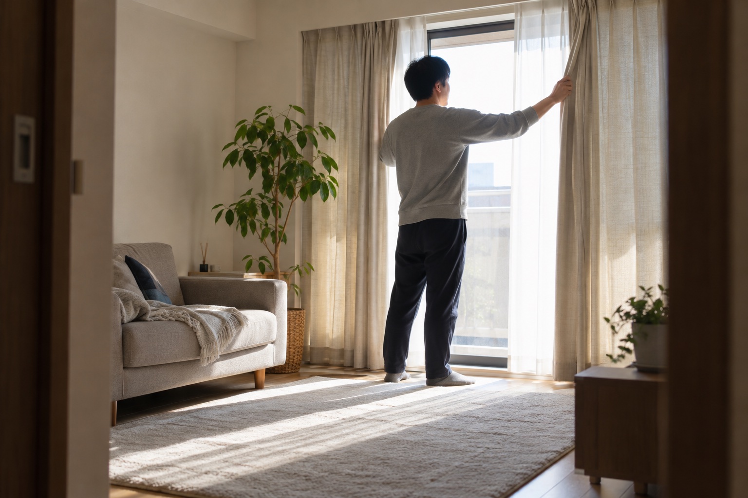 日本の住まいで朝のカーテンを開ける一人の男性のイメージ